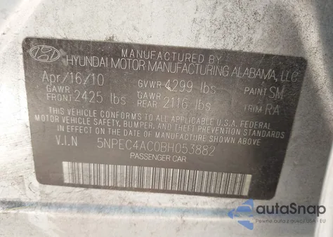 2011 Hyundai Sonata Se z USA, uszkodzony, nr VIN 5NPEC4AC0BH053882